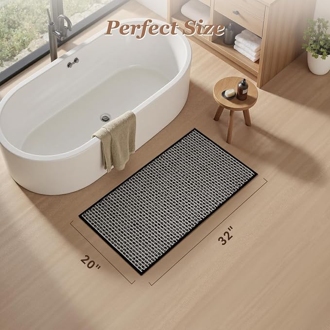 AMOAMI Unique Woven Bath Mat, Super Absorbent Non Slip Bath Mats for Bathroom Floor Textured Bathroom Mat Quick Dry Washable Bath Rug Boho Thin Rugs for Bathroom Beside Tub, 20" x 32", Black