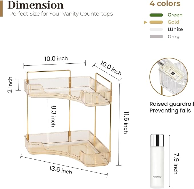 Aveniee Corner Bathroom Counter Organizer, Bathroom Countertop Shelf Makeup Organizer for Vanity Perfume Tray for Corner Storage (2 Tiers, Gold)
