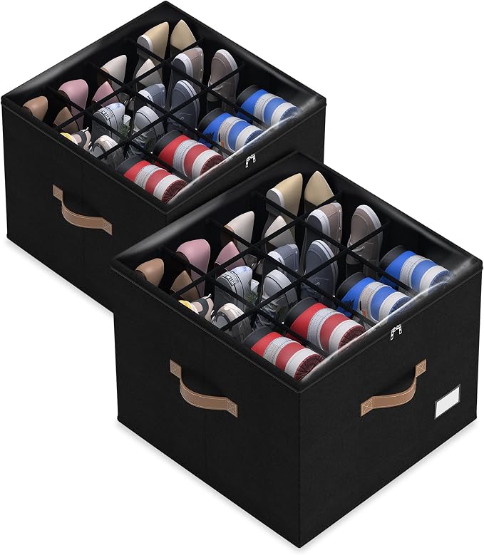 Vincona Shoe Organizer for Closet,2 Pack Shoe Storage Bins Foldable Shoe Storage Box Containers with Clear Cover and Sturdy Handles,Shoe Rack for Closet Storage for Sneakers Heels Slippers (Black)