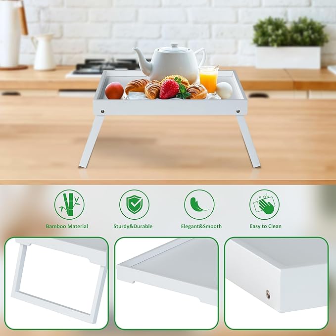 Bamboo Bed Tray Table with Folding Leg, Breakfast in Bed Tray for Eating,Kitchen Serving, Food, Sofa, Snacking or Working, Laptop Desk Dinner(1, White)