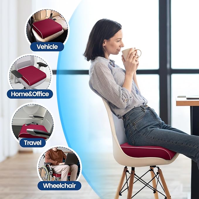 SweetSlubr Seat Cushion for Tailbone Pain Relief, Office Chair Cushion, Memory Foam Large Chair Cushion with Non-Slip Cover for Soft Support at Office Chair, Car Seat, Airplane Red/Large