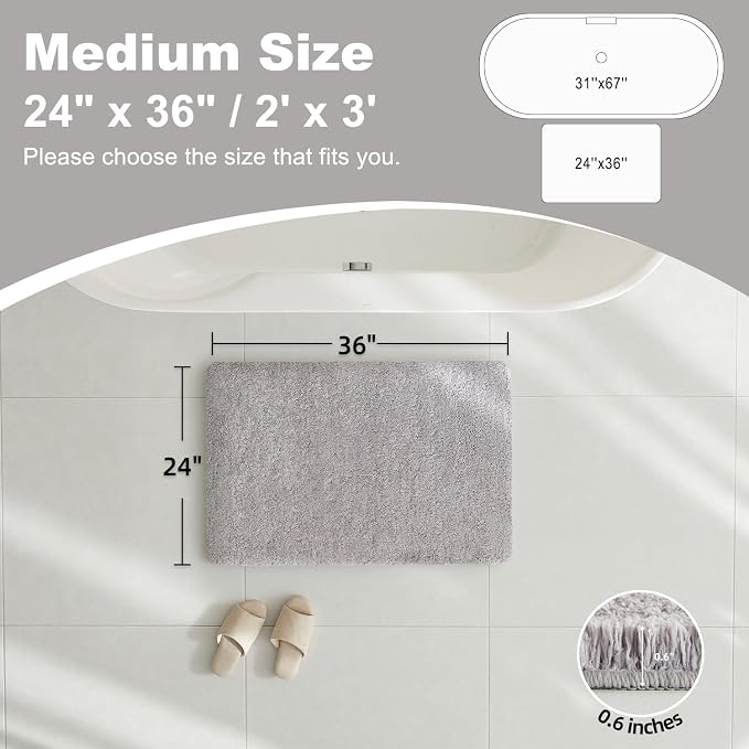 TYUU Bathroom Rugs Non Slip Washable, Ultra Soft Super Absorbent Quick Dry Small Bath Mat with Rubber Backing for Bathroom Floor, Shower, or Sink, Light Grey 24" x 36"