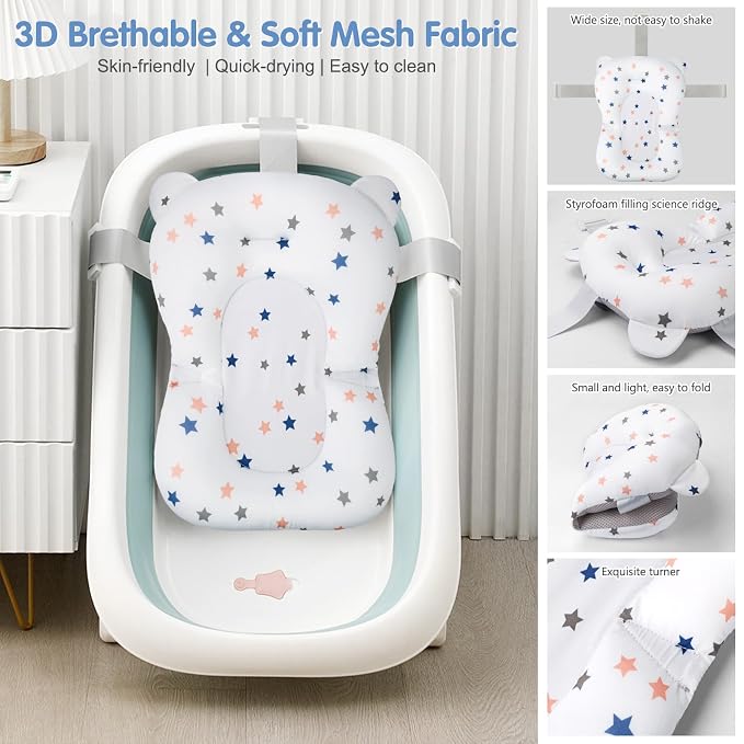 Colorlife Baby Bath Seat Support Net Infant Bathing Seat Support Mat, Adjustable Comfortable Non-Slip Three-Pointed Baby Shower Bathtub Sit Up Mesh for Newborn 0-12 Months-White Star(No Bathtub)