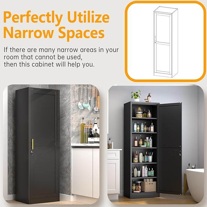 Ckzbx Metal Locker Tall Narrow Storage Cabinet, 67" H Locking Tool File Cabinets Snack Locker Organizer for School Classroom,Bedroom,Gym Home Office,Entryway and Hallway (20" W 1Door Black)