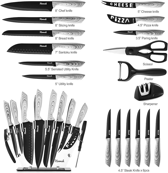 Keewah 19 Pieces Kitchen Knife Set, 15 Stainless Steel Knives with Wood Texture Handle, Acrylic Stand, Scissors, Peeler and Knife Sharpener