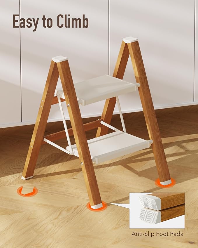 Mayi Plus 2-Step Aluminum Ladder,Lightweight Folding Step Stool with Extra-Wide Anti-Slip Steps,330 lbs Capacity,Compact Space-Saving Design for Home,Kitchen and Office（White&Woodgrain）