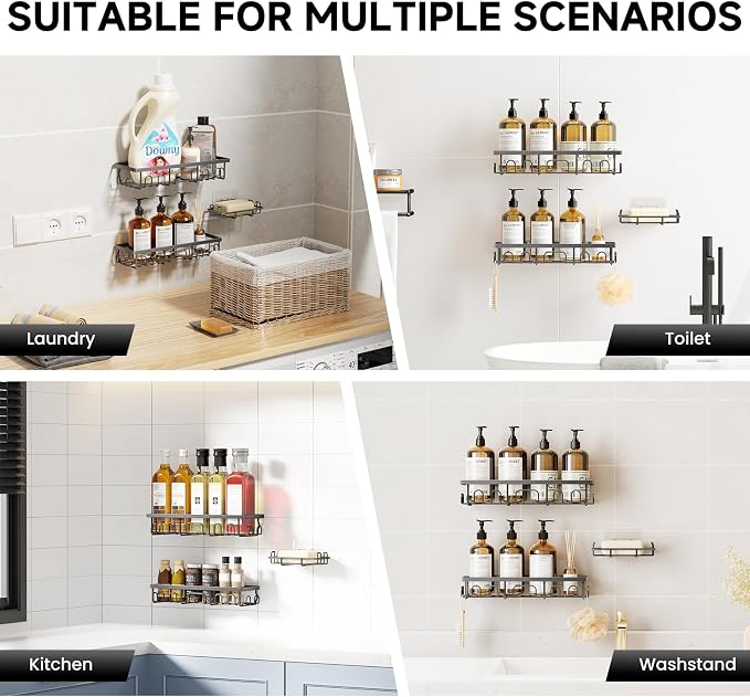 Shower Caddy, 3 Pack Shower Shelves for Inside Bathroom, Rustproof Adhesive Bathroom Organizer with Soap Holder, No Drilling Washroom Organizers and Storage for Bathtub Room/Kitchen/Home, Grey
