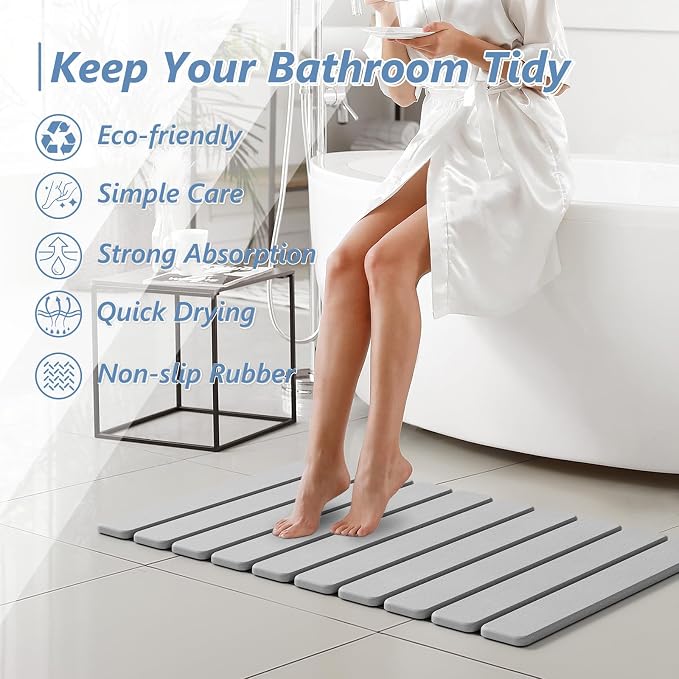AWW Foldable Stone Bath Mat, Quick Dry Diatomaceous Earth Bath Mat with Non-Slip Mat, Super Absorbent, Easy to Clean, Compact for Small Bathrooms, 23.6 x 15.5, Light Grey