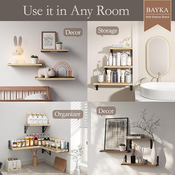 BAYKA Wall Shelves for Bedroom Decor, Floating Wall Shelves for Living Room Kitchen Storage, Wall Mounted Rustic Wood Floating Shelves for Kids Books, Corner Shelves for Bathroom(Brown，Set of 3)