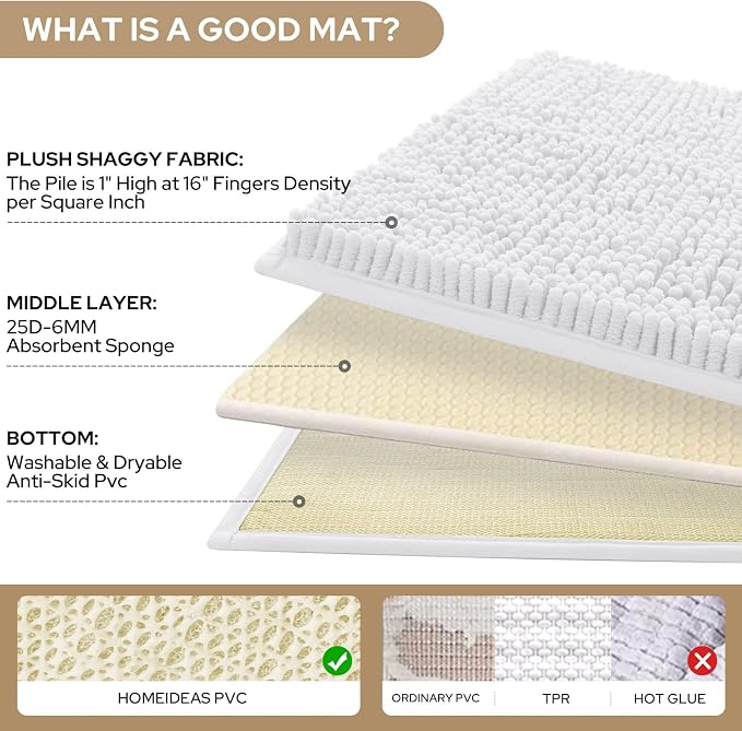 HOMEIDEAS 3 Pieces Bathroom Rugs, Ultra Soft Non Slip Absorbent Chenille Toilet Bath Mat Set (White)