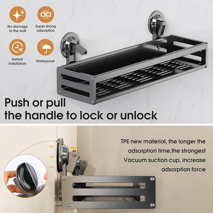 Suction Cup Shower Caddy, 11.8 inch Extended Version, with 5 Hooks & Towel Rrack, No Drilling Required, Rust-Resistant Bathroom Shower Organizer,Dark Grey