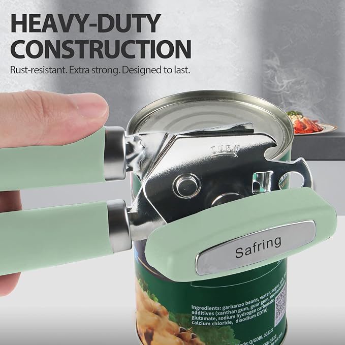 Safring Can Opener Manual, Heavy Duty Handheld Strong Can Opener with Soft Touch Handle, Sharp Blade Smooth Edge, Can Openers with Multifunctional Bottle Opener, Mint