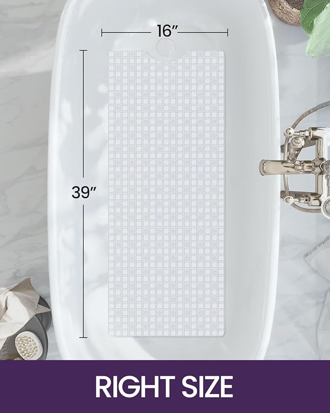DEXI Bathtub Mat Non Slip, Extra Long 39x16, Suction Cups, Drain Holes, Machine Washable for Tub Shower Floor, Clear