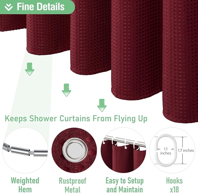 Dynamene Extra Wide Shower Curtain - 108 Inch Wide Waffle Weave Weighted Thick Cloth Bathroom Shower Curtain, Neutral Heavy Duty Hotel Bath Curtain Set with 18 Plastic Hooks, 108x72, Burgundy