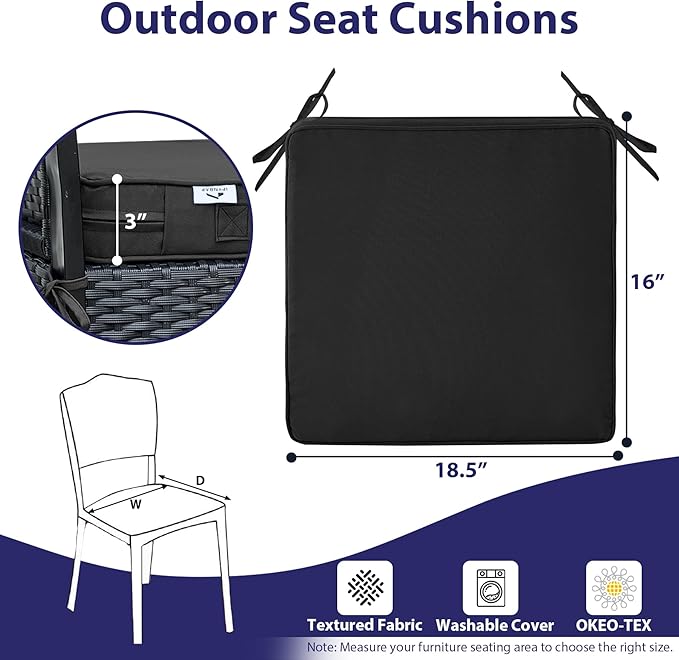 IPYNBAP Outdoor Chair Cushions Set of 4 -Waterproof Outdoor Seat Cushions for Patio Furniture, Patio Chair Cushion with Handle and Ties, Out Door Chair Pads,18.5x16x3-Square, Black