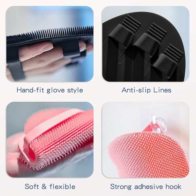 Manmihealth Silicone Back Scrubber(Thick Bristles) & Soft Bath Glove Set, Super-Exfoliating Body Scrubber & Super-Lathering Shower Brush Combination, with a Free Hook.(Black)