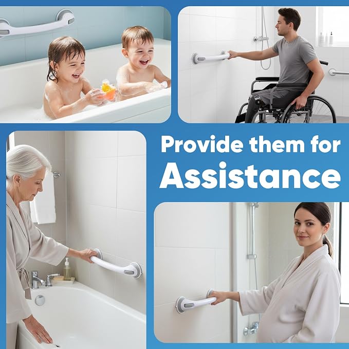 Shower Grab Bars for Bathtubs and Bathrooms, 2025 Upgraded 16 Inch 2 Pack Safety Handle with Strong Suction & Anti-Slip Grip, Removable Shower Handles for Seniors, Elderly, Handicap – Gray