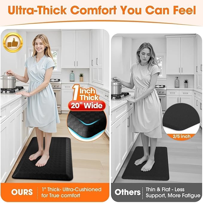 StepRite 1” Thick Kitchen Mats for Floor, Anti Fatigue Kitchen Rugs, Non-Slip,Heavy Duty Water Resistant Kitchen Rug, Standing Desk Mat for Friends, Family, Home, Kitchen, Office (32" x 20", Black)