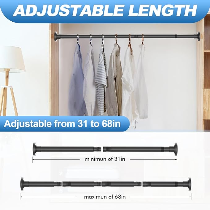 CorkLatta 2 Pack Black Shower Curtain Rod 31 to 68 Inch,1 Inch Diameter Adjustable Spring Tension Stainless Steel Telescopic Rod,Easy Install,No Rust