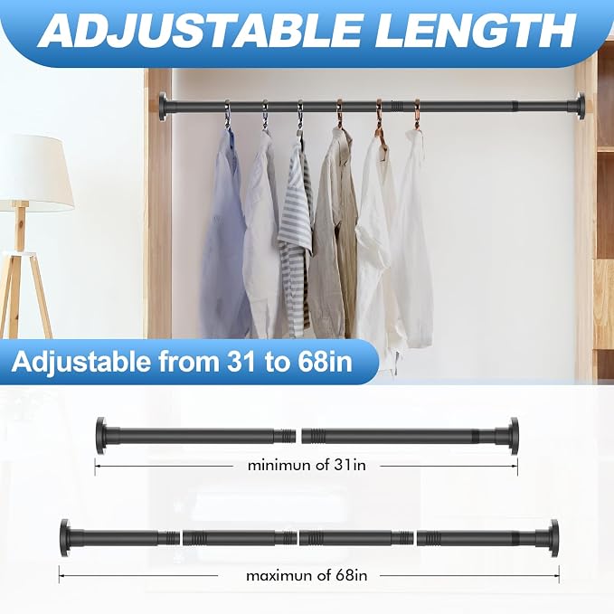 CorkLatta Black Shower Curtain Rod 31 to 68 Inch,1 Inch Diameter Adjustable Spring Tension Stainless Steel Telescoping Rod,Easy Install,No Rust