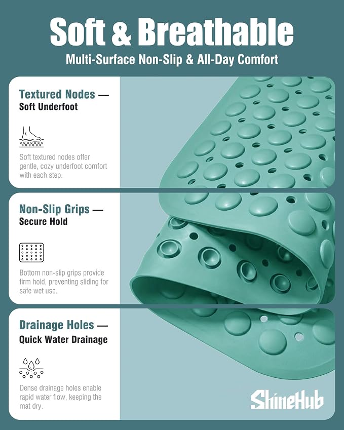 Non Slip TPE Bath Mat, Heavy Non Floating Shower Mat, 28x16, Green | Strong grip, 166 suctions, 144 drains, 7mm extra-thick cushioned layer, washable, for bathroom shower tub floor
