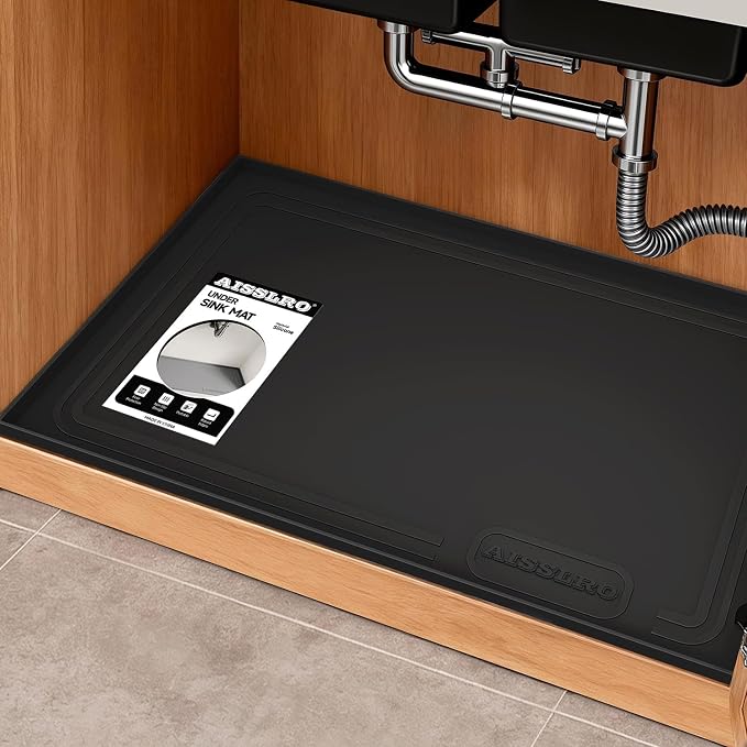 Aisslro Under Sink Mat 34" X 22", Waterproof Silicone Cabinet Organizer Protector with Raised Edge, Kitchen & Bathroom Leak Tray, Shelf Liner & Pet Feeding Mat for Dog Cat Food Mats, Black