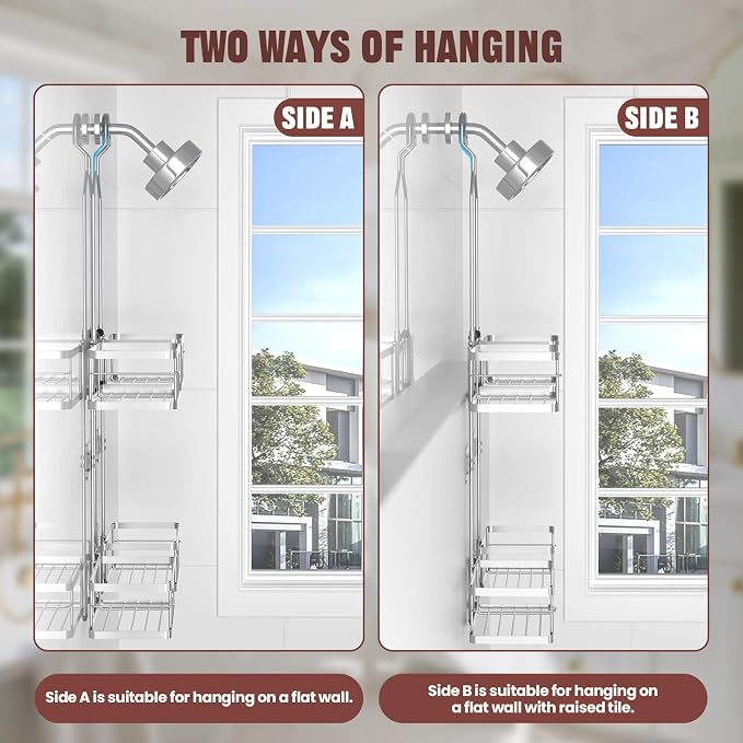 REINHARDT Adjustable Shower Caddy Hanging Rustproof Shower Caddy for Handheld Showerheads, Shower Organizer with Hooks Soap Holder, Anti-Swing Shower Rack Bathroom Accessories, Silver