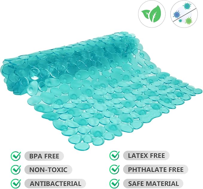 WELTRXE Non Slip Bath Mat Pebbles Bathtub Mat with Suction Cups, Drain Holes for Bathroom Showers, Tub, 35 x 16 Inches Machine Washable Bathroom Mats BPA, Latex Free Safe Shower Mats - Teal