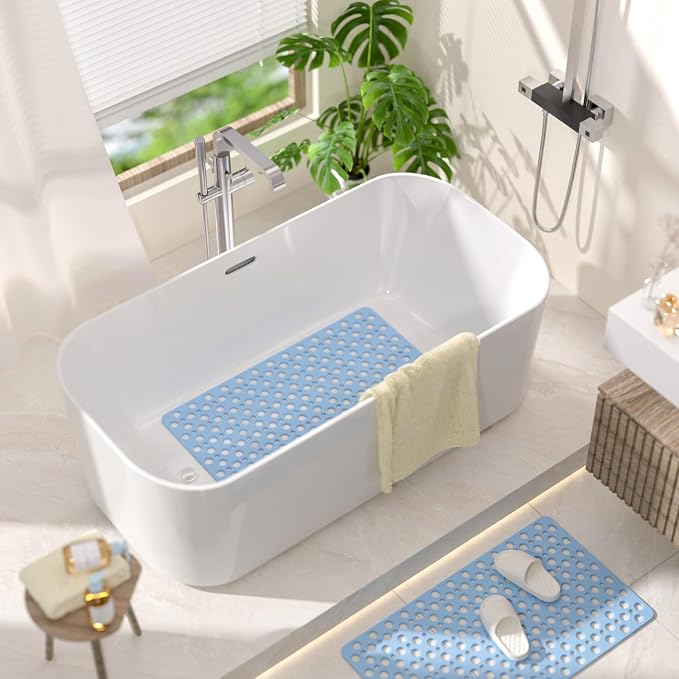HITSLAM Bathtub Mat Non Slip, 30 x 17 Inch TPE Bath Mat for Tub, Efficient Drainage Bathroom Shower Mat with Suction Cups, Bath Tub Mat, Soft on Feet and Easy to Clean, Blue