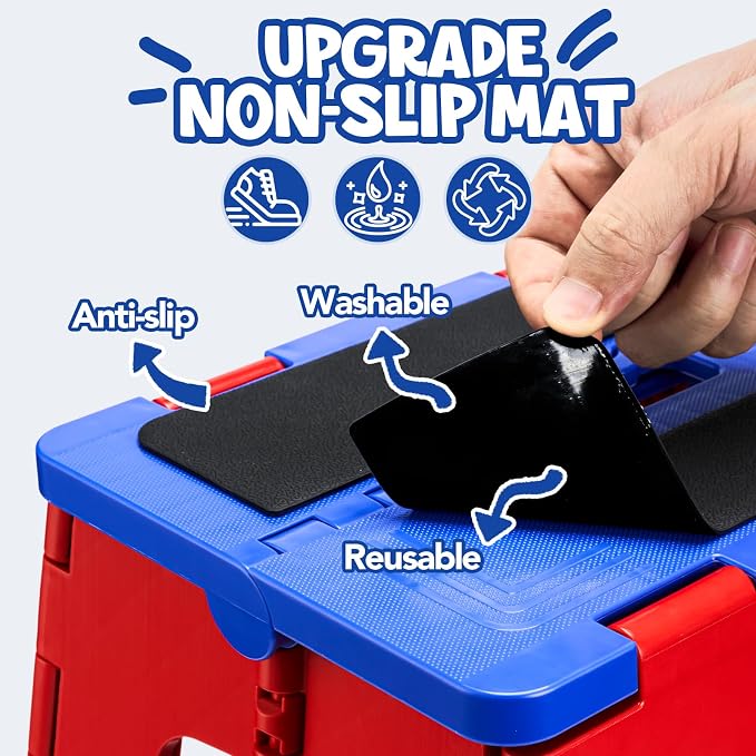 Delxo 9 Inch Folding Step Stool for Kids - Includes 3 Alphabet Letter Stickers & 2 Non-Slip Grip Pads, Sturdy Foldable Foot Stool for Toddlers, Kitchen, Bathroom & Bedroom (Red+Blue)