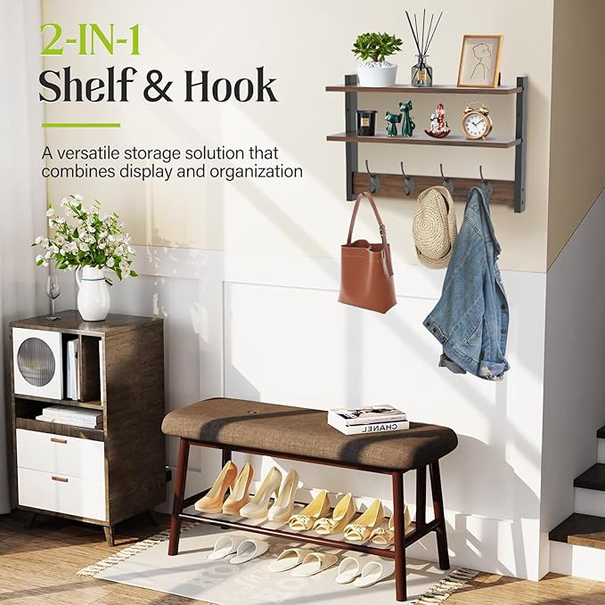 Two-Tier Wall Shelf with Hooks, 17" Coat Rack Wall Mount with Shelf, Key Hooks for Wall with Heavy Duty Double Hooks, Coat Hook Wall Mounted for Bedroom, Living Room, Rustic Brown
