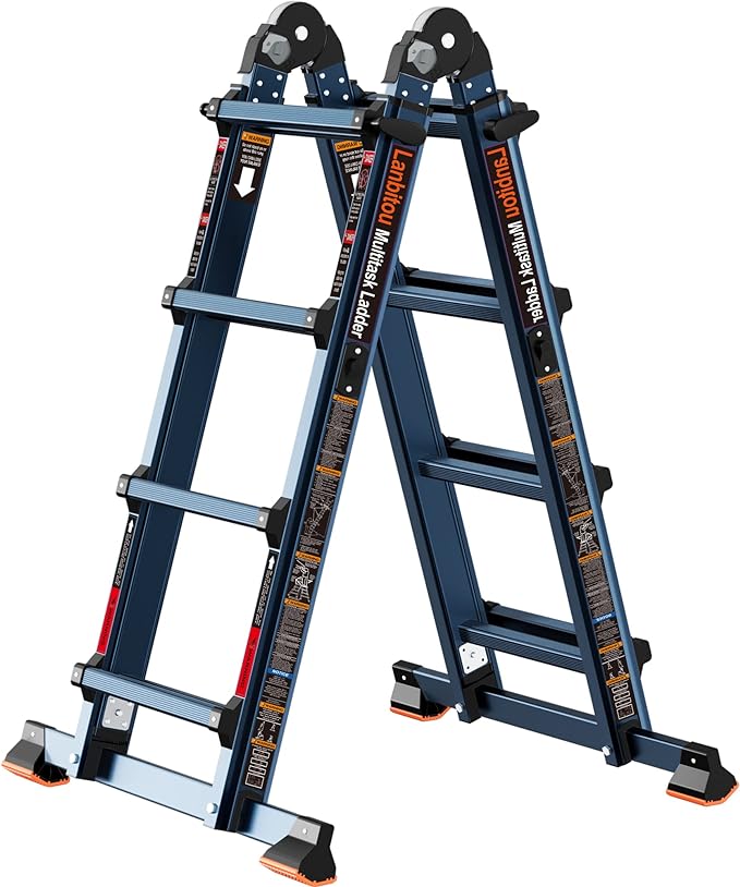 LANBITOU Ladder, A Frame 4 Step Ladder Extension, 14 FT Anti-Slip Multi Position Ladder, Storage Folding Ladder, 300 lbs Security Load Telescoping Aluminum Ladders for Stairs Home Indoor Outdoor Roof