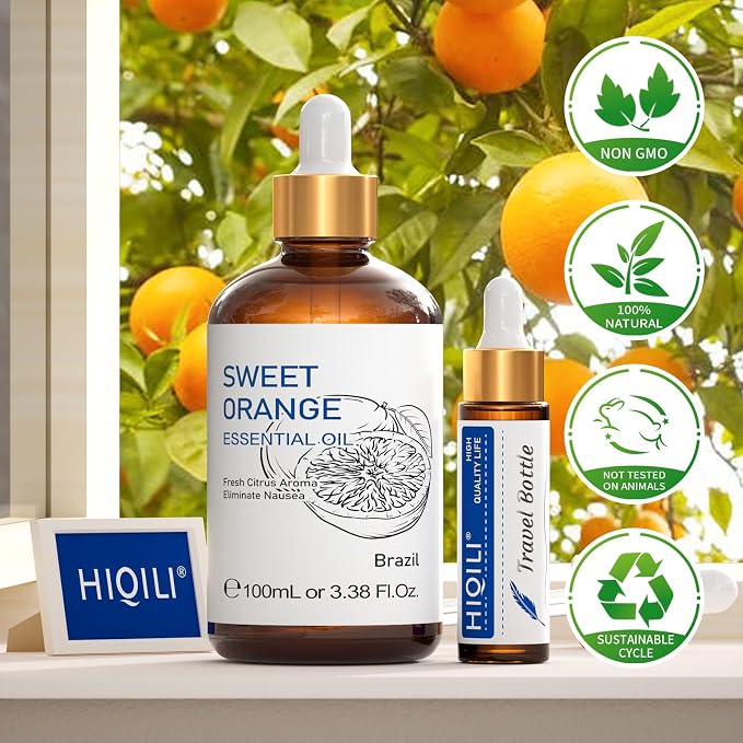 HIQILI 100ML Orange Essential Oil for Air Freshener, DIY Soap, Skin Care, Can be Added to Diffusers, Dryer Balls, Lotions for Use - 3.38 Fl Oz | Aromatherapy for Diffusers & Air Freshening, Skin Care, DIY for Cleaning Spray, Hand Soap, Candle & Soap