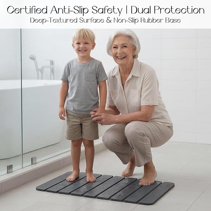 Diatomaceous Earth Stone Bath Mat Non-Slip, Foldable Stone Bath Mats for Bathroom Quick Dry, Super Absorbent Diatomaceous Earth Mats 24 x 16 Inch Quick Drying, Eco-Friendly Easy to Clean - Grey 1Pack