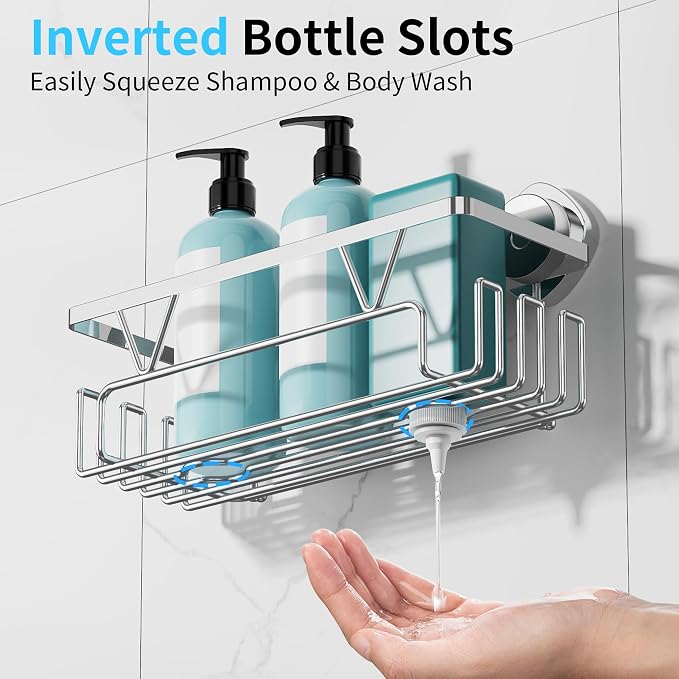 KEGII Suction Cup Shower Caddy – 3 Pack Suction Cup Shelf with Soap Holder & Hooks, Rustproof Stainless Steel Shower Organizer Rack, Removable No Drilling Bathroom Storage Rack, Silver