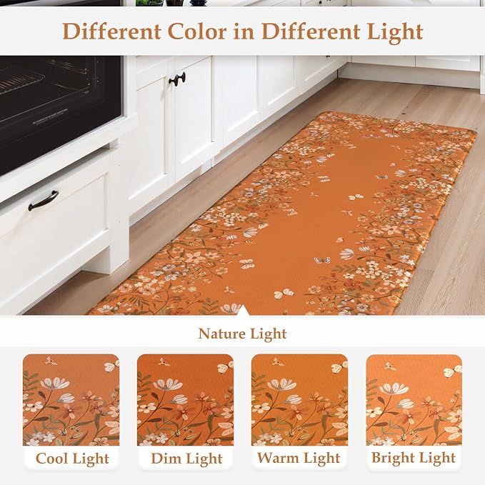 KIMODE Anti Fatigue Kitchen Mats Cushioned, Boho Floral Kitchen Rugs Sets of 2, Fall Kitchen Mat for Floor, Memory Foam Standing Desk Mat for Laundry Office Sink Desk Orange Halloween 17"x47"+17"x29"