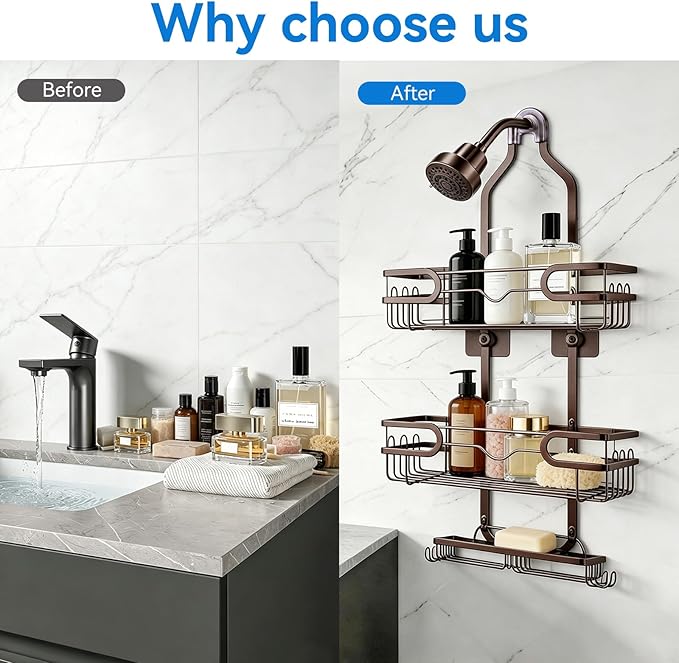 Shower Caddy Hanging, Over Head Shower Caddy Shower Storage Rack Basket with Hooks for Razor and Sponge Rustproof, No Drilling, Accessories for Bathroom and Kitchen, Bronze
