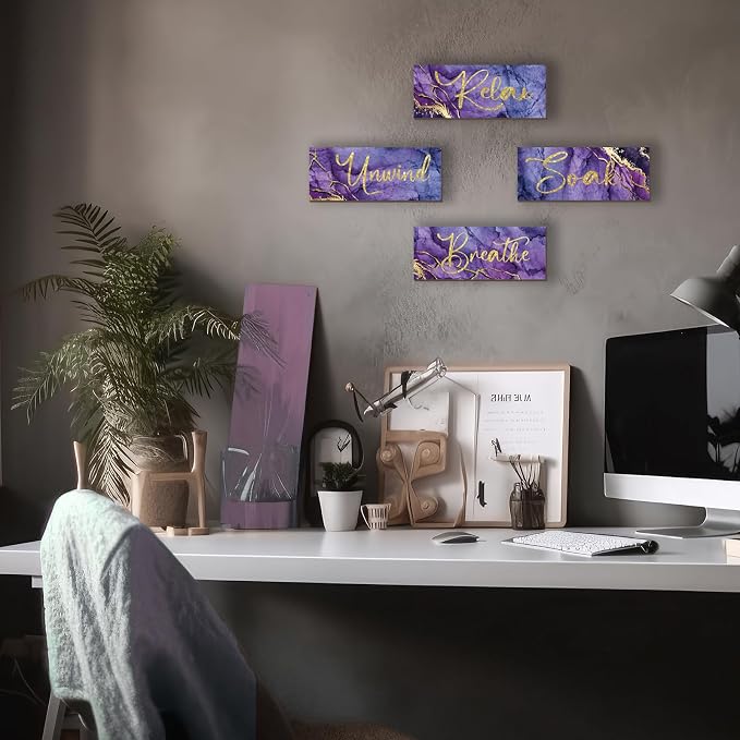 ONIZHITY 4 Pcs Purple and Gold Bathroom Decor Large Relax Soak Unwind Breathe Wooden Sign Rustic Marble Style Bathroom Accessories for Bedroom Living Room Wall Decor(Purple Gold 14X5.5 Inches)