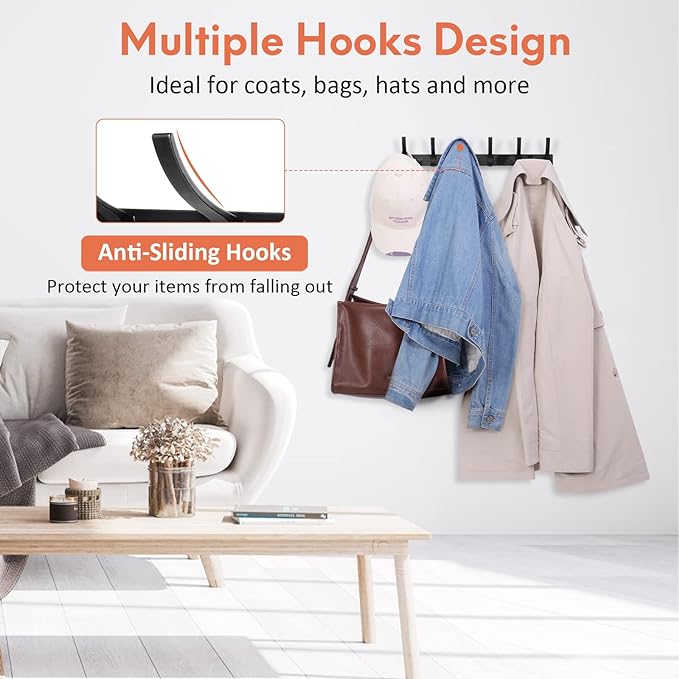 Optish Coat Rack Wall Mount, Coat Hook Wall Mount, Wall Hooks for Hanging, Hat Rack for Walls, Coats Hanger with 12 Hook, Towel Hooks for Bathrooms (1 Pack, Black)