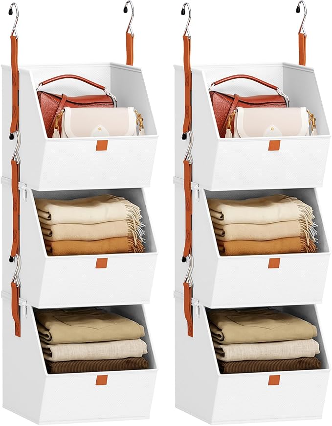 Homsorout Collapsible Hanging Closet Organizer - 6 Tier Closet Shelves Storage System with Hooks, Fabric Hanging Storage Bins for Clothes, Foldable Storage Basket for Laundry, Bedroom, Rv, White