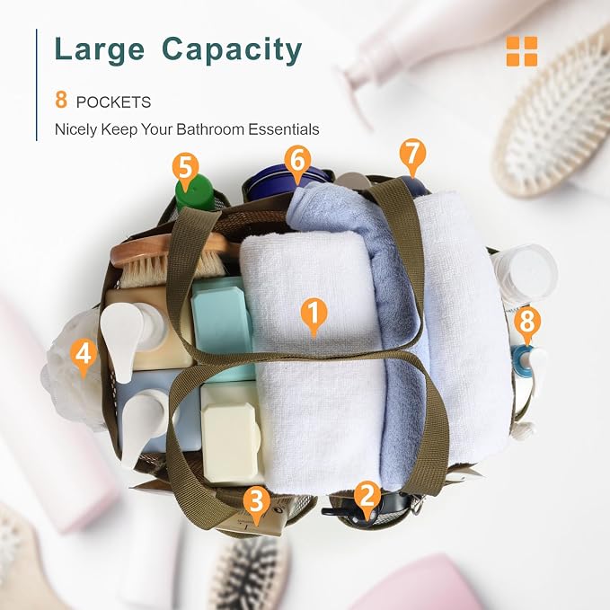 F-color Shower Caddy Portable - Mesh Shower Bag Basket Tote for College Dorm Room Essentials Bathroom Gym Camp Quick Dry for Women Men with S Hook, Brown Camouflage