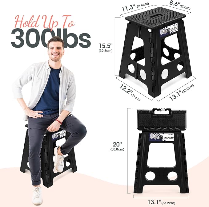 Delxo Folding Step Stool 16 Inch,Non-Slip Foldable Stools for Adults Up to 300 LBS,Kitchen Collapsible Fold Up Stepping Stool with Dotted 1 Pack,Black