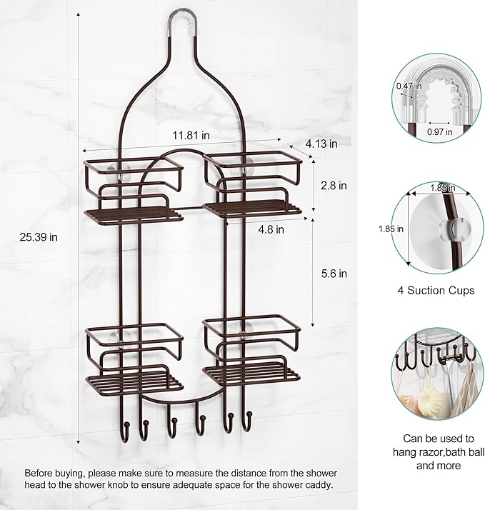 SRIWATANA Shower Caddy Organizer Hanging Over Head, Bathroom Shower Rack Hanger with Hooks for Razors - Bronze