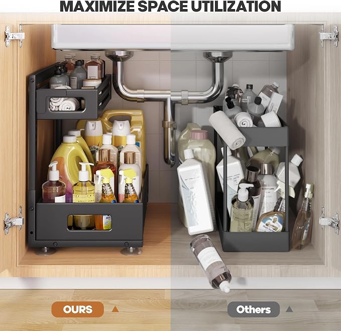 2 Pack 17IN-Depth Under Sink Organizer,Pull Out Cabinet Organizer With Smooth Cylindrical Rail,Metal Slide Out Drawer for Kitchen Bathroom Laundry,8-Level Tool Free Height Adjustable-Gun Gray
