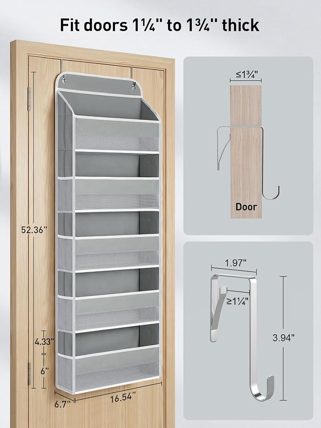 Yecaye Over the Door Organizer, Stuffed Animal Storage, Bathroom Organizers and Storage for Nursery Newborn Baby Essentials Stuff Dorm Room, Widen by 7cm, Deepen by 3cm, Grey 5 Tier Extra-Large