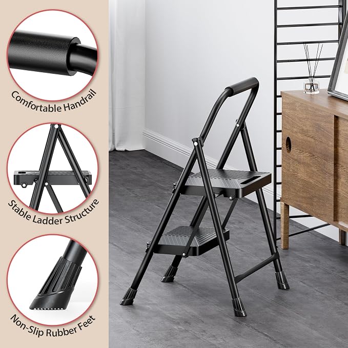 KINGRACK Folding 2 Step Ladder, Portable Ladder for Multi-Purpose, Home, Kitchen, Heavy Sturdy Steel Step Stool with Anti-Slip Wide Pedals, Handrail, Safe-Lock Design, Pass 500lbs Load Testing, Black
