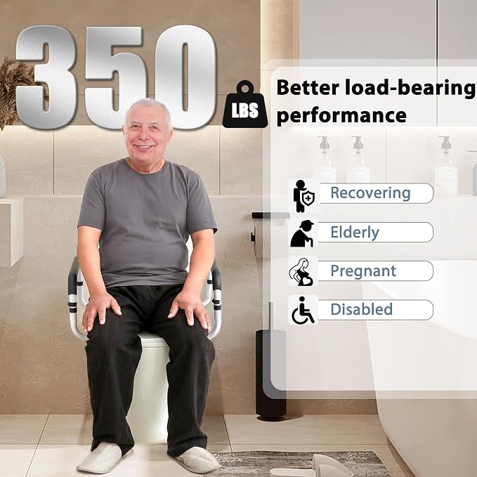 Toilet Safety Rail, Safety Frame for Toilet Seat, Toilet Grab Bar with Adjustable Width for Seniors Supports 350lbs (Black and White)
