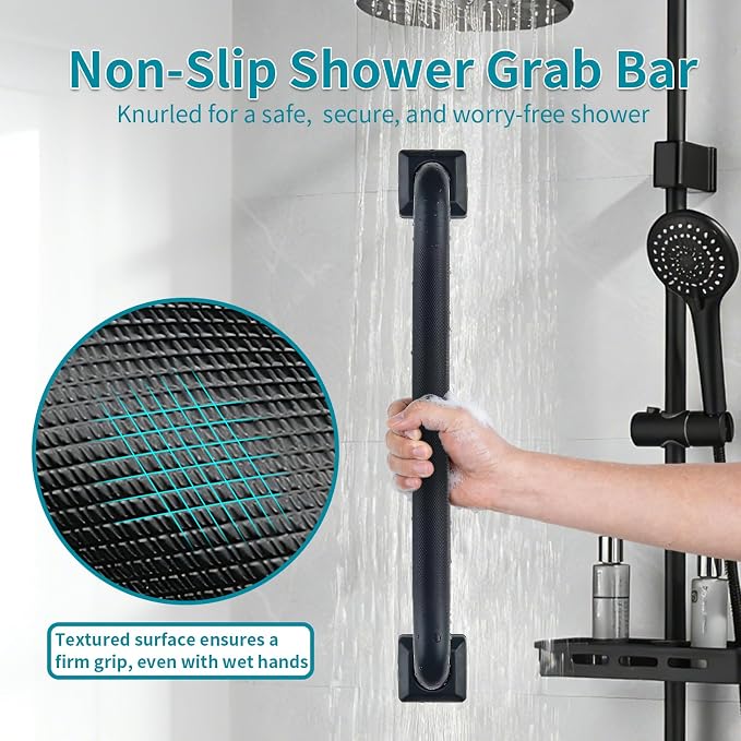 Shower Grab Bars for Seniors, 12 Inch Square Matte Black Bathroom Handle for Wall, 304 Stainless Steel Anti Slip Bathtub Safety Bar, ADA Compliant 500 LBS Hand Rail for Elderly, Handicap