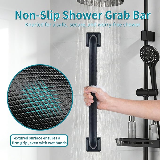 Shower Grab Bars for Seniors, 24 Inch Square Matte Black Bathroom Handle for Wall, Stainless Steel Anti Slip Bathtub Safety Bar, ADA Compliant 500 LBS Hand Rail for Elderly, Handicap