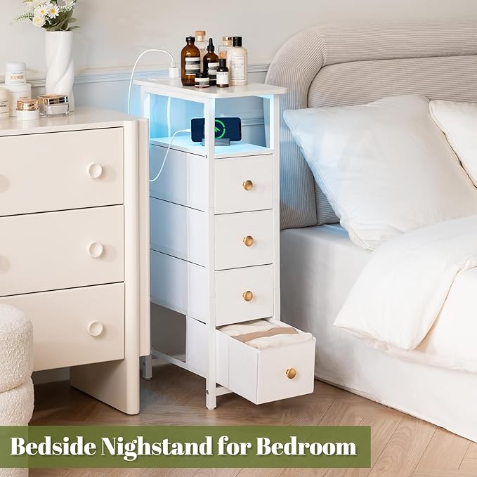 Yoobure LED Narrow Nightstand with Charging Station - Slim Dresser for Bedroom Narrow Side Table Storage Cabinet, Small Dressers Chest of Drawers, Tall Night Stand End Table for Small Spaces, White